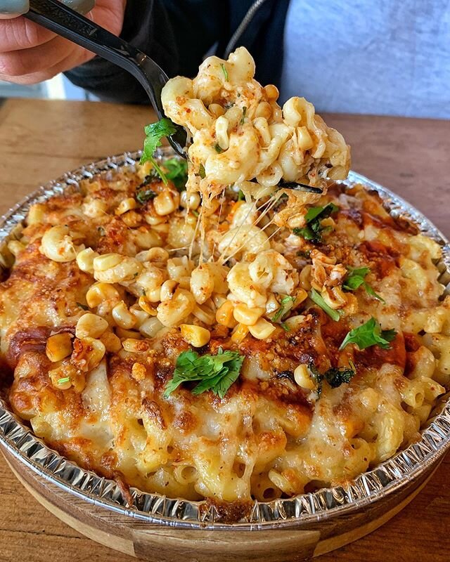 Try our I Like You Elot&eacute; Mac for your next order 🌽🧀 Ghost Pepper Habanero with Roasted Corn, topped with Parmesan, Pepper Mayo, Hot Sauce &amp; Cilantro 😋 We're open for dine-in, takeout and delivery 🙌 Pickup or order online at elbowsmacnc